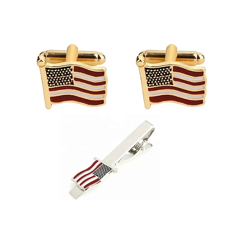 Durum dikdörtgen bayrağı pirinç yuvarlak kravat klipsli cufflink